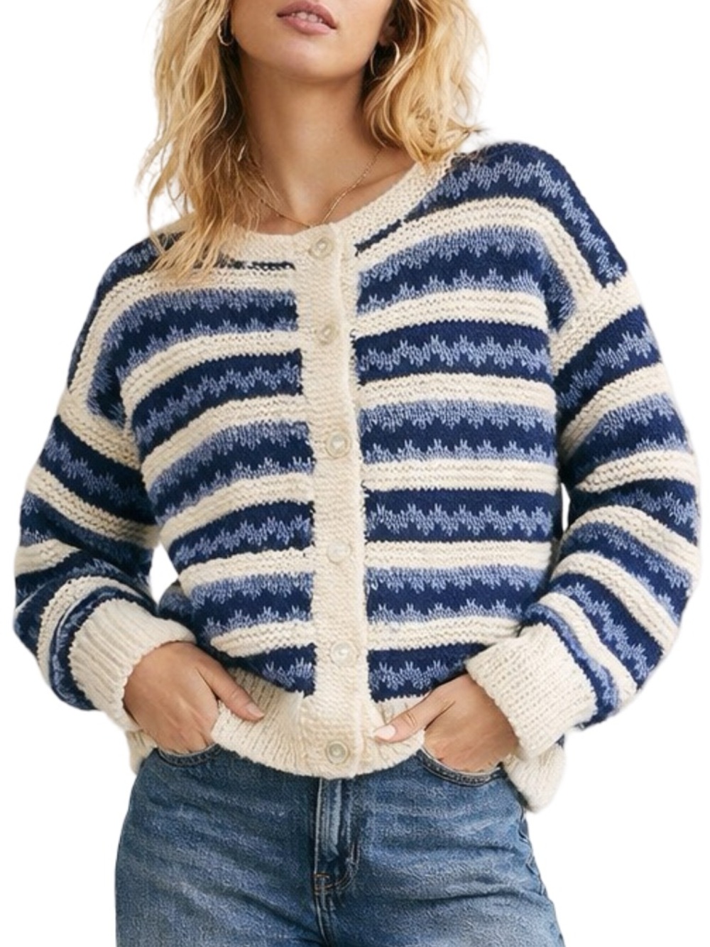 Hand Knit Striped Cozy Knit Cardigan in Blue & Cream Crew Neckline Cottage Core